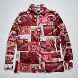 Vtg 70s Sepia 20's Farm Scene Photo Print Shirt  / Sz 38 / Nylon Dagger Disco